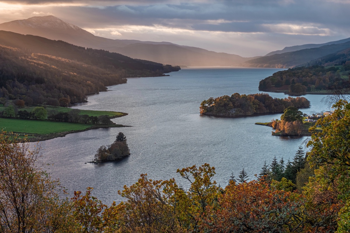 Loch Tummel and autumn woodland seen from Queen's View near Pitlochry