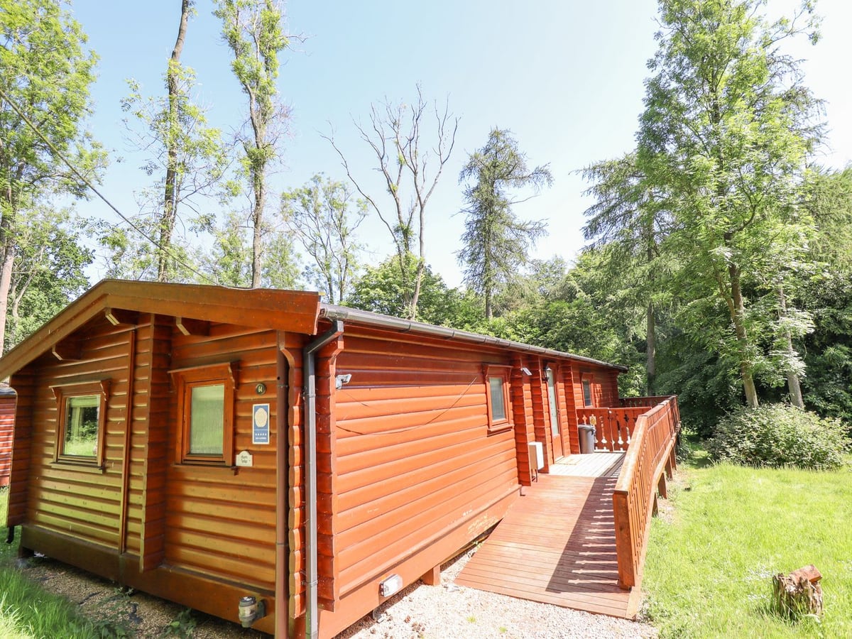 Timber exterior and raised side veranda of 64 Acorn Lodge among woodland