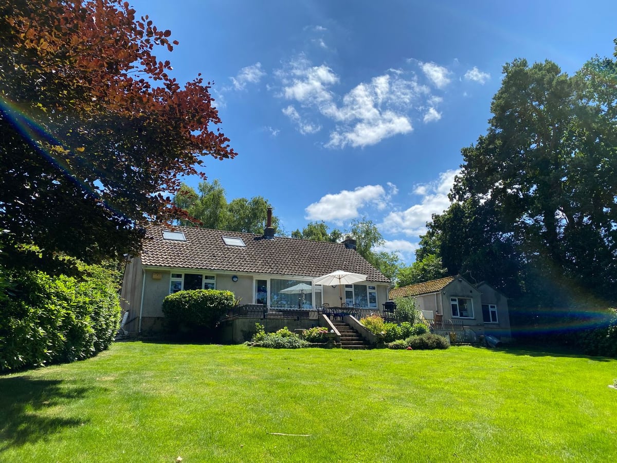 Birchcroft Hideaway above a broad lawn, with garden steps, a raised terrace and mature trees