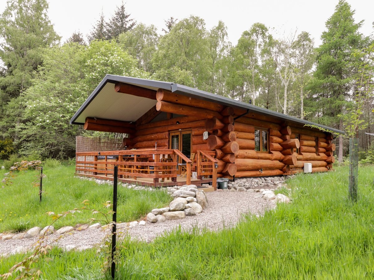 Heron Lodge log cabin with a covered veranda, gravel path and grass among woodland trees