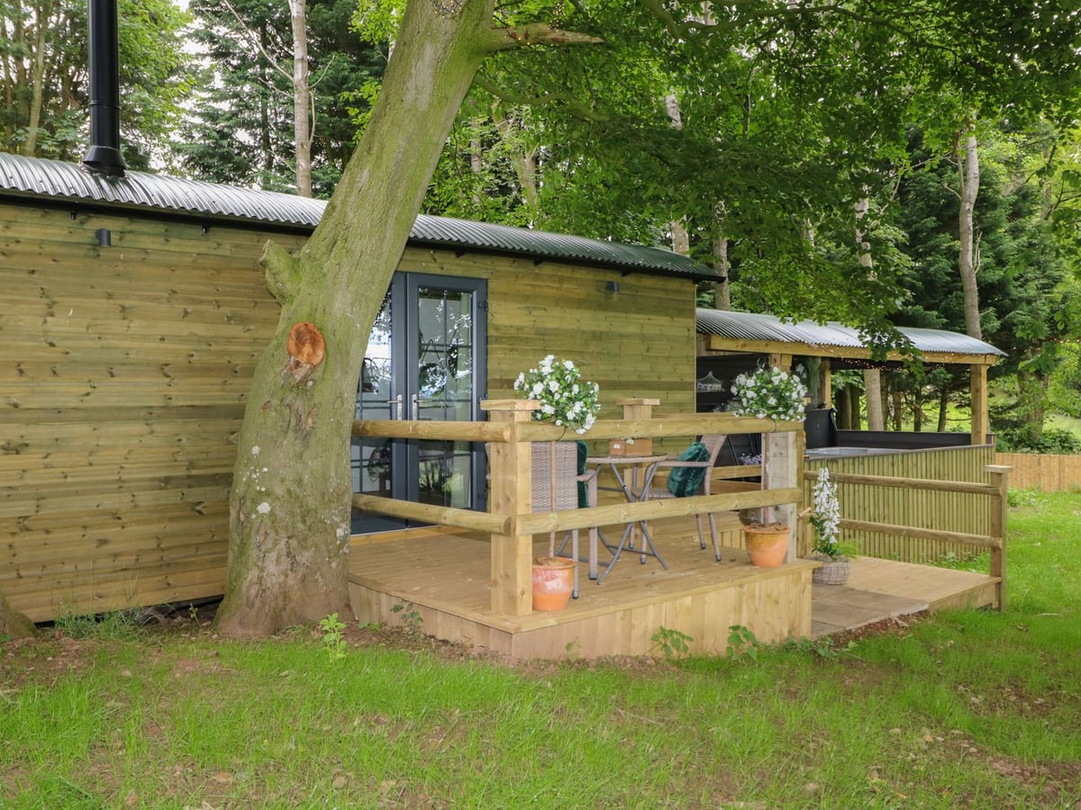 High Rigg Shepherd's Hideaway timber hut with a deck and hot tub shelter beneath trees