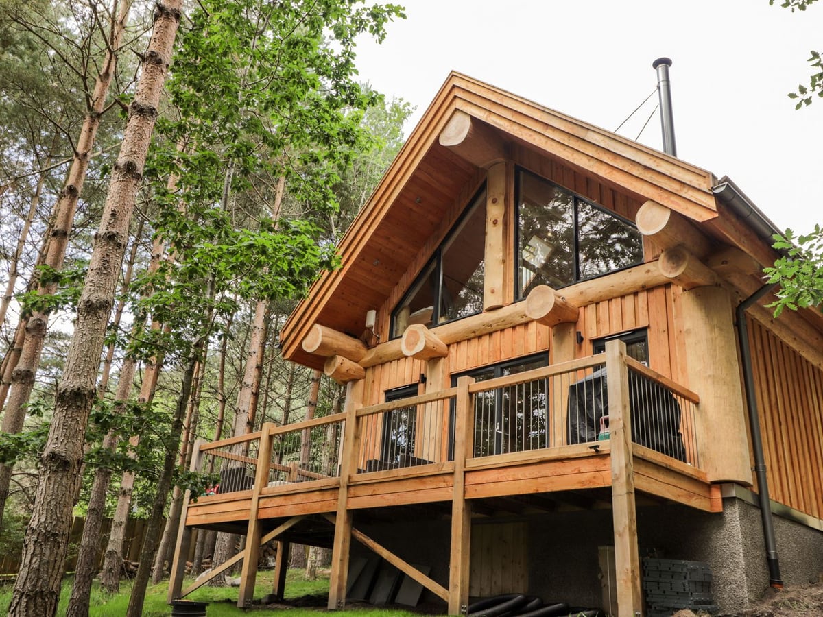 Pine Marten Lodge timber cabin with a raised balcony and tall trees on a sloping woodland site