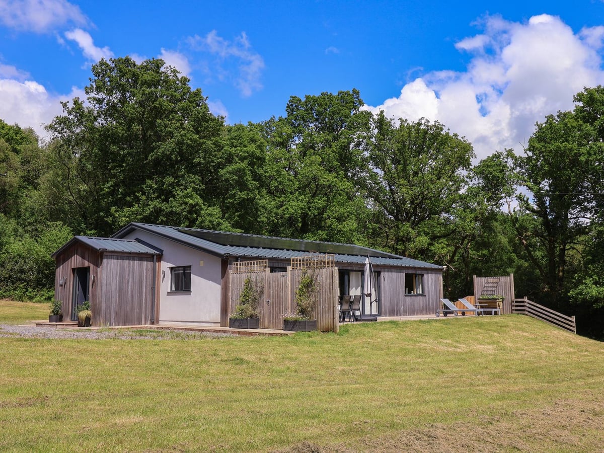 Single-storey timber-clad Quantock Barn beside an open lawn and surrounding trees
